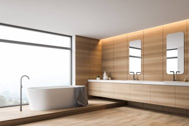 Küvetli ahşap banyo köşesi ve çift lavabo.