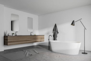 Beyaz banyo iç, çift lavabo ve küvet