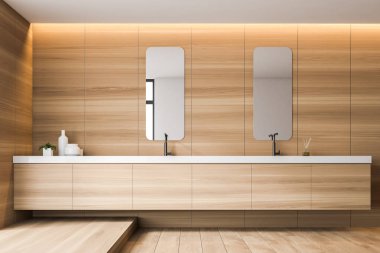 Ahşap çift banyo aynalı lavabo