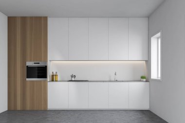 Tezgahlı beyaz ve ahşap mutfak.