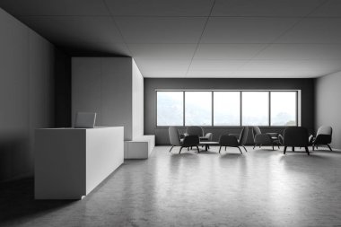 Gri ve beyaz ofis resepsiyonu ve lounge alanı