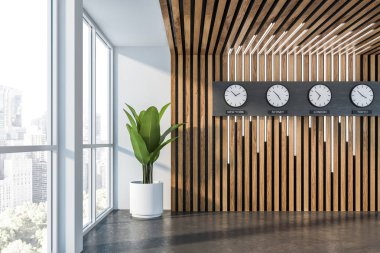 Saatli boş beyaz ve ahşap ofis salonu