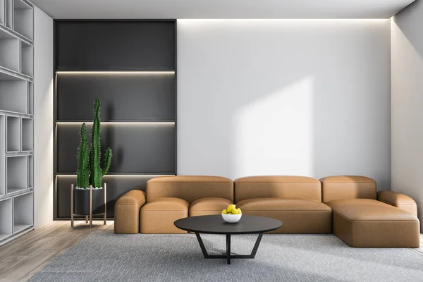 Interior branco da sala de estar com sofá de couro — Fotografia de Stock