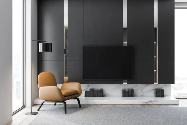 Salon gris intérieur avec TV et fauteuil — Photo