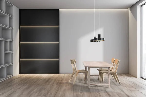 White loft dining room with bookcase — Stock Photo, Image