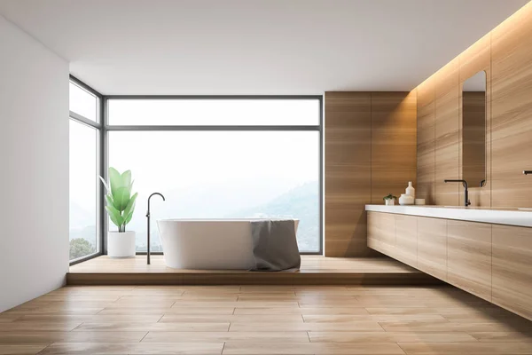 Loft wooden bathroom interior, tub and sink — Stock Photo, Image