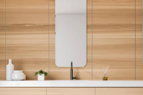 Wooden bathroom sink with mirror — ストック写真