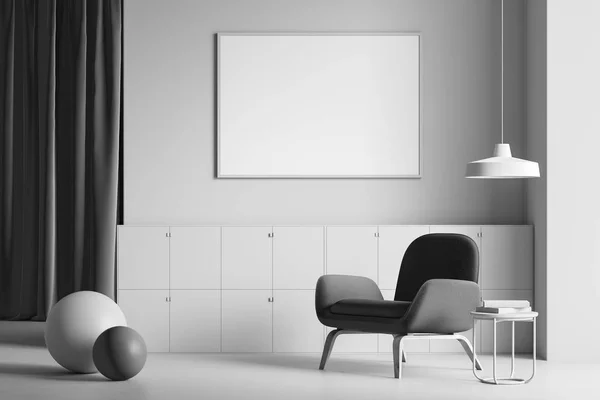 Сірий інтер'єр вітальні, крісло і плакат — стокове фото