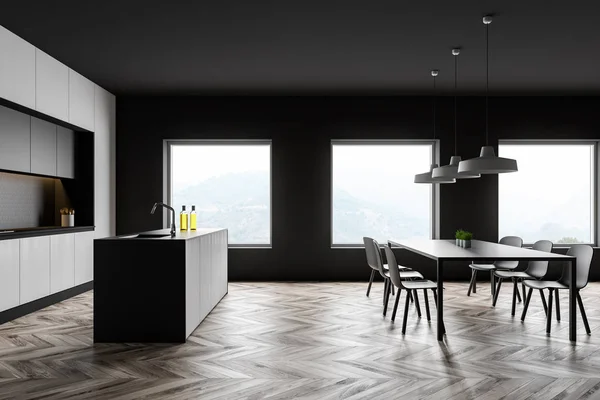 Side view of gray and white kitchen, bar and table — Stock Photo, Image