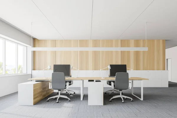 Interno ufficio open space in legno e bianco — Foto Stock