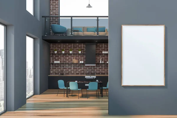 Grauer Bürowohnbereich und Küche mit Poster — Stockfoto