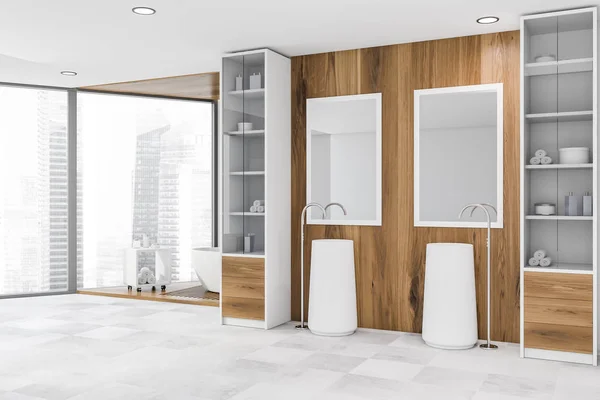 Esquina de baño de madera con dos lavabos y bañera —  Fotos de Stock