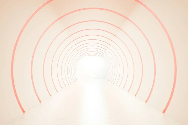 Empty round white and orange neon corridor