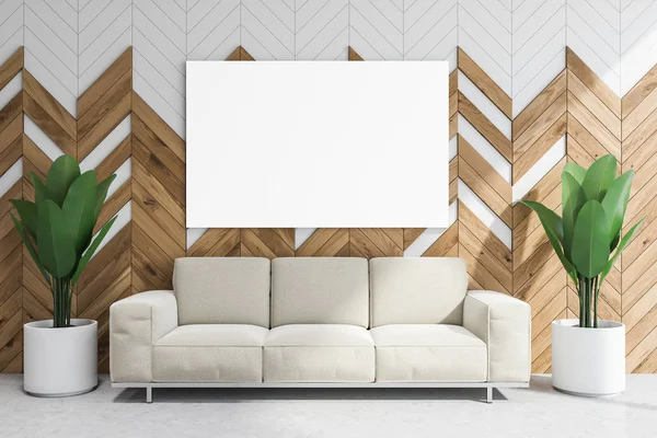 White and wooden lounge area, couch and poster — 스톡 사진