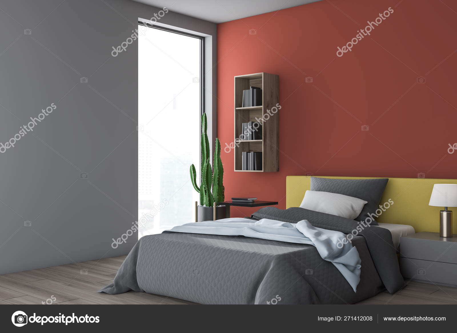 Gray and red bedroom corner with bookshelves — Stock Photo © denisismagilov  #271412008, image size:1600x1167