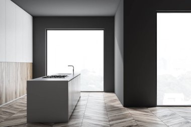 Ada ile gri, beyaz ve ahşap mutfak