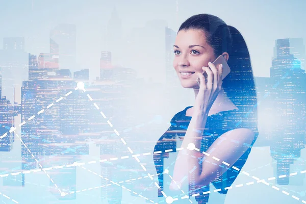 Smiling woman on phone in city, graphs — Stock Photo, Image