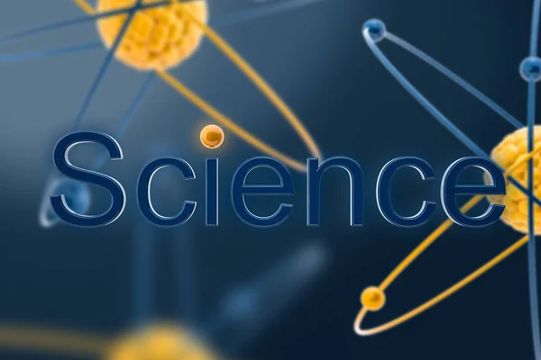 Επιστήμη λέξεων και μπλε και κίτρινα ατομικά μοντέλα — Φωτογραφία Αρχείου
