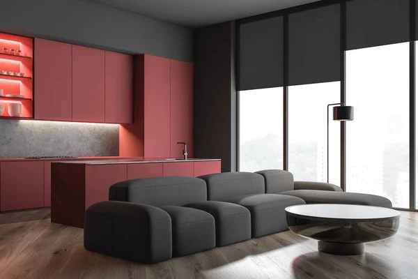 Kırmızı mutfak ve oturma odası köşesi — Stok fotoğraf