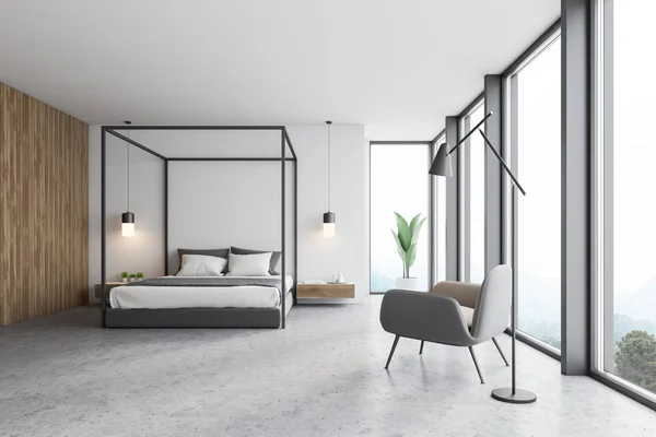 Interno della camera da letto bianco e legno con poltrona — Foto Stock