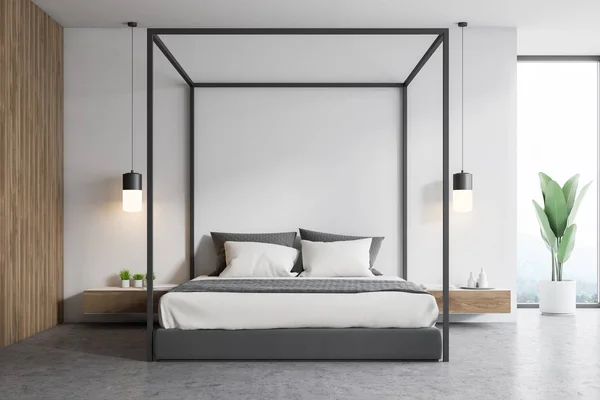 Interiér ložnice s bílou a dřevěnou podkroví — Stock fotografie