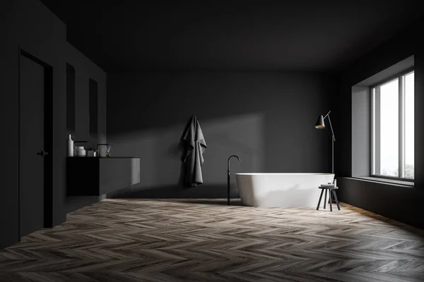 Grauer Badezimmerinnenraum, Badewanne und Waschbecken — Stockfoto