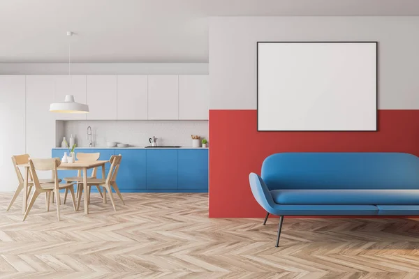 White and red kitchen with sofa and table — 스톡 사진