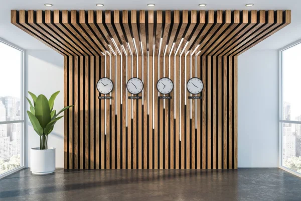 Empty white and wood office lobby with clocks — Stock Photo, Image