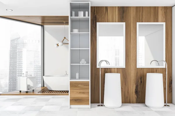 Wooden bathroom with two sinks and tub — 스톡 사진