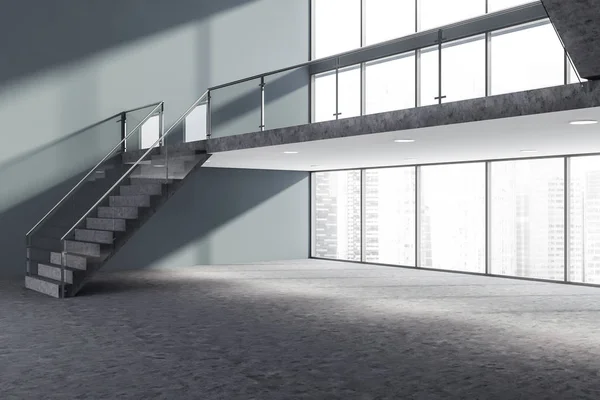 Interior cinzento do salão do centro de negócios com escadas — Fotografia de Stock
