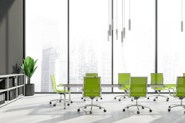 Panoramic meeting room interior, green chairs