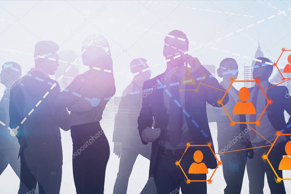 Business team silhouettes, social connection icons