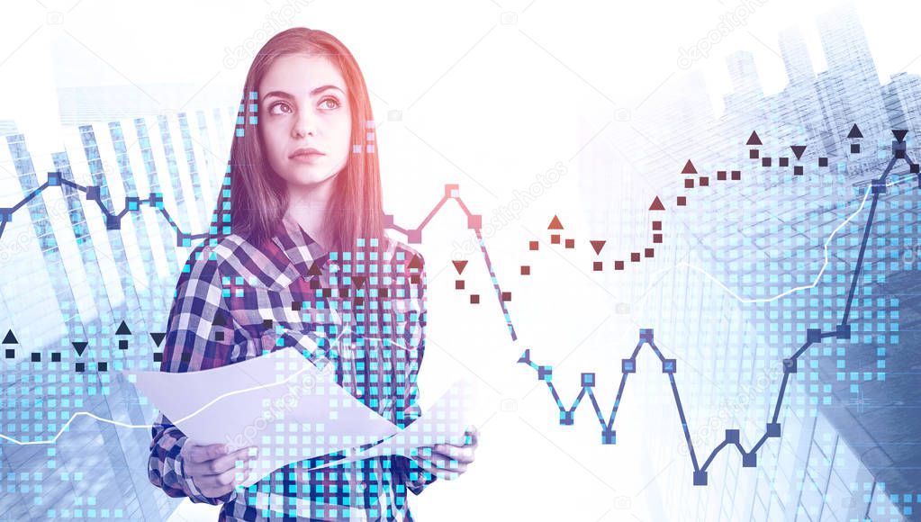 Thoughtful woman with documents in city, graphs