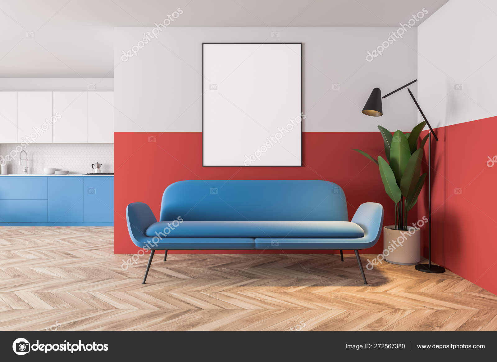 White And Red Kitchen Interior With Sofa Stock Photo