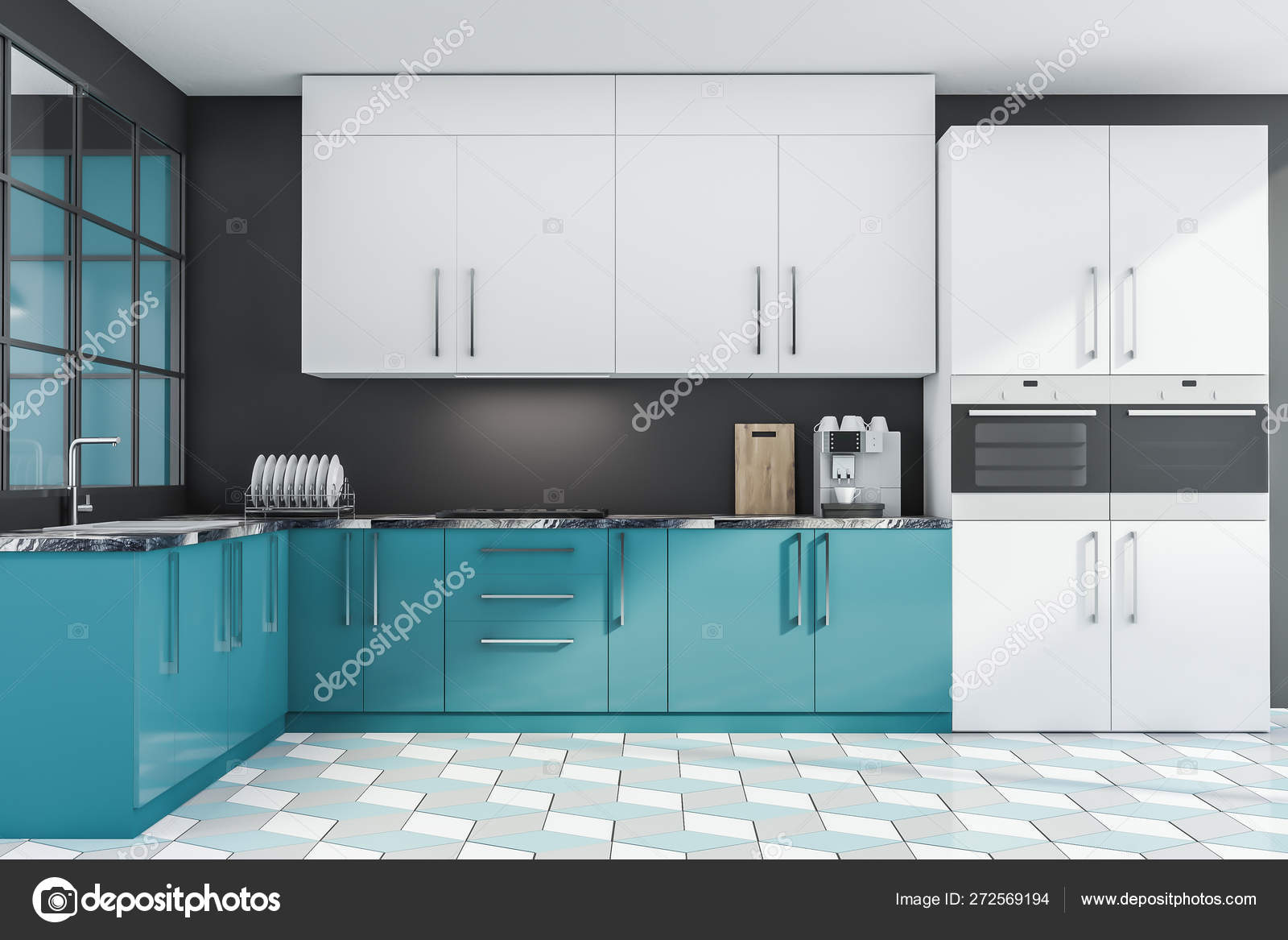 Black And Blue Kitchen Interior With Countertops Stock Photo