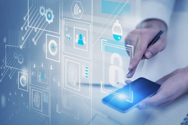 Adam telefon kullanarak, online güvenlik sanal ekran