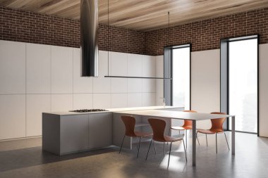 Ada ve masalı beyaz çatı katı mutfak köşesi.