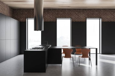 Ada ve masa ile Gri loft mutfak
