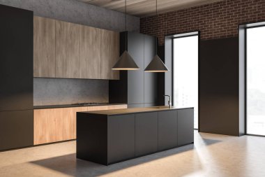 Beton, gri ve ahşap mutfak köşesi, ada