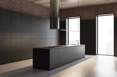 Ada ile gri ve tuğla mutfak köşesi