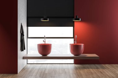 White and red bathroom interior, double sink