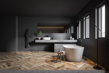 Lavabo ve küvet ile gri banyo Iç