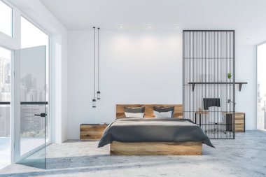 Beyaz yatak odası, balkon ve ofis.