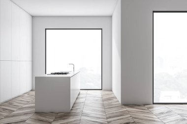 Adanın içindeki beyaz çatı katı mutfağı.