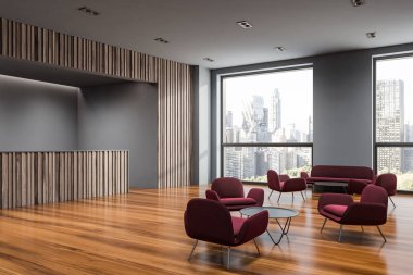 Kırmızı sofalar ile şirket ofisinde Resepsiyon alanı