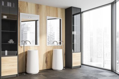 Çift lavabo ile ahşap banyo köşesi