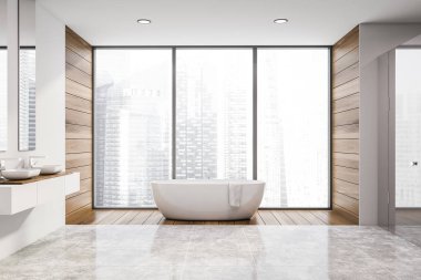 Çift lavabo ve küvet ile beyaz banyo