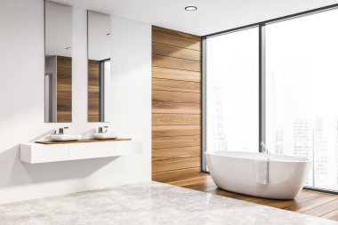 Çift lavabo ve küvetli beyaz banyo köşesi