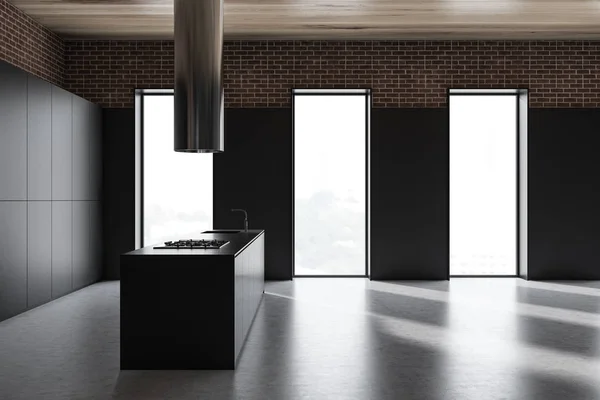 Side view of gray loft kitchen with island — Stock Photo, Image