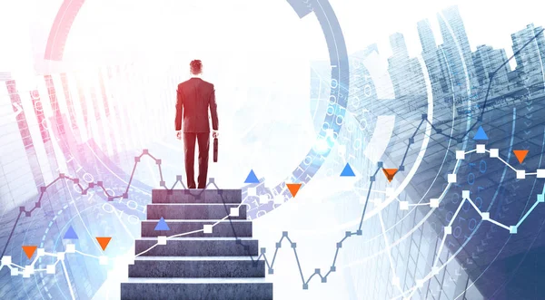 Man with briefcase on stairs, graphs and HUD — Stock Photo, Image